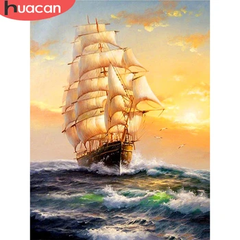 HUACAN 5D DIY Diamant Pictura Barcă Plină Piața de Broderie Nava Peisaj Acasă Decorare New Sosire Mozaic lucrate Manual