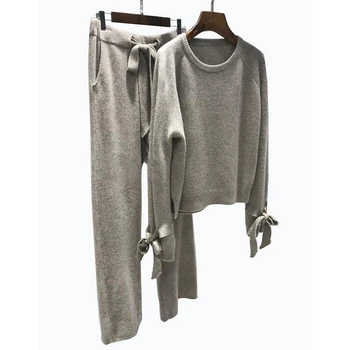 JXMYY de înaltă calitate lână tricotate 2 bucata set de cașmir pulover pulover elastic wiast pantaloni costum de trening femei