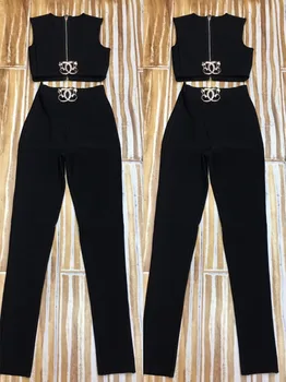 Noua Moda de Vară de Îmbrăcăminte pentru Femei Set Sexy cu Paiete Bej Bandaj Negru Topuri Scurte Camis + Pantaloni de Creion 2 Buc Set