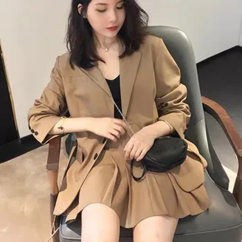 De înaltă Calitate de Toamna Casual Două Bucata Set Femei Singure Pieptul Eșarfe Blazer Coat + Fusta Plisata Set coreean OL 2 Bucata Set