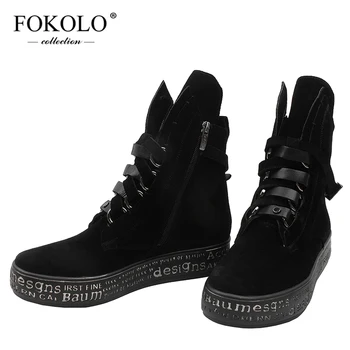 FOKOLO Platforma Cizme Rotund Toe Cruce-a legat Copilul de piele de Căprioară cu Fermoar Med Toc Glezna Cizme 2020 Noua Moda de Iarnă Pantofi de damă lucrate Manual X4