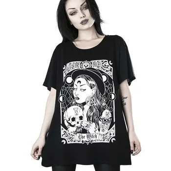 JIEZHOUFANG Femei T-shirt Căpăstru Sexy Topuri Gotic Bandaj Negru Gol Afară de Dantelă de Pe Umăr Feminin Gotice Punk Streetwear Topuri