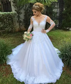 Iluzia Rochie de Bal Rochie de Mireasa 2019 Maneca Lunga vestido de noiva Dantela, Aplicatii de Margele, Cristale, Perle Robe de Mariee Casamento