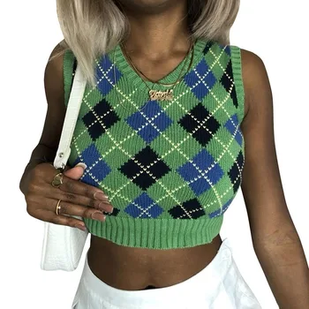 V-neck fără Mâneci Vestă Check Slim pentru Femei Vesta Fashion Street Pulover Gri Pulover Verde se Încadrează În 2020 Haine de Iarna Femei