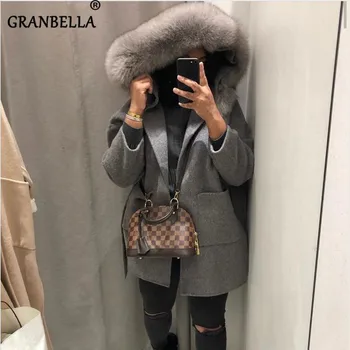2020 Genuine Fox Fur Trim Hooded Femei De Haină De Lână De Iarnă Lână Cald Palton Elegant De Culoare Solidă Straturi Cu Centura