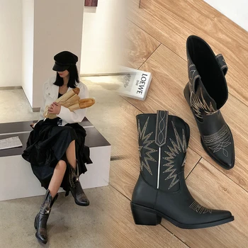 Noua moda Relief femei glezna cizme a subliniat toe western cizme de cowboy pentru femei la jumătatea vițel indesata pene cizme pista
