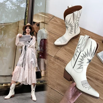 Noua moda Relief femei glezna cizme a subliniat toe western cizme de cowboy pentru femei la jumătatea vițel indesata pene cizme pista