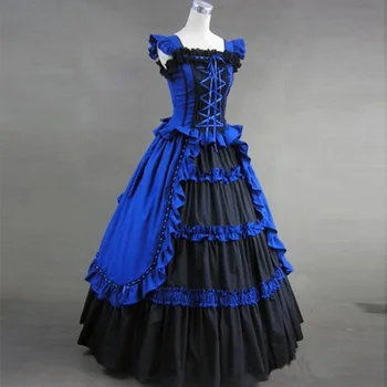 2018 Negru și Albastru Bumbac Gotic Victorian Rochie de Petrecere Costum al 18-Lea Retro Arc Curtea rochie de Printesa, Rochii de Bal Pentru Femei