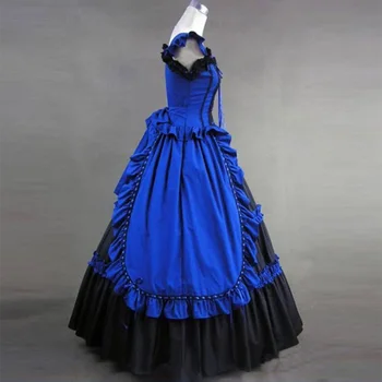 2018 Negru și Albastru Bumbac Gotic Victorian Rochie de Petrecere Costum al 18-Lea Retro Arc Curtea rochie de Printesa, Rochii de Bal Pentru Femei