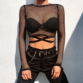 Sexy ochiurilor de Plasă Noi Goth Maneca Lunga tricou Femei Vedea prin Plasa Topuri Casual de Vara Tricou Streetwear Îmbrăcăminte pentru Femei 2021