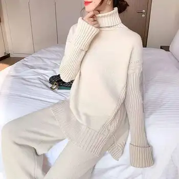 Iarna Casual Două Bucata Set Femeile Largi Tricotate Pulover Pulover Crop Topuri +Pantaloni Largi Picior Set Costum De Haine Coreeană