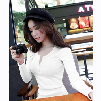 Nouă Femei coreene Butonul Fir de Culoare Solidă Maneca Lunga Tricou Slim Top