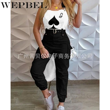 WEPBEL Femei Poker Imprimare Skinny Cargo Salopeta Cu Curea Buzunar Streetwear fără Mâneci Lung Costum Suspensor Salopete Vladan