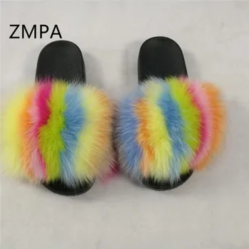 Doamnelor/Copii Vară Adevărată Blană de Vulpe Papuci pentru Copii/Femei Pufos de Blană Slide-uri Drăguț Modă Pantofi de Pluș Femeie Plaja Blana Flip Flops