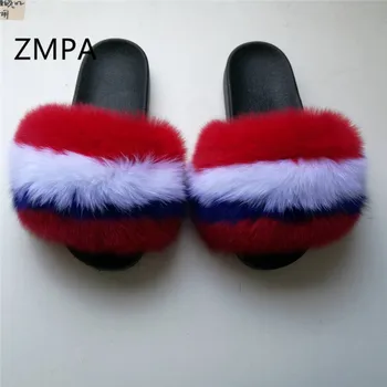 Doamnelor/Copii Vară Adevărată Blană de Vulpe Papuci pentru Copii/Femei Pufos de Blană Slide-uri Drăguț Modă Pantofi de Pluș Femeie Plaja Blana Flip Flops