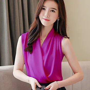 Coreeană Bluză de Mătase Femei de Vara Femei fără Mâneci Satin Bluze Tricou Femei V-neck OL Mătase Bluze Topuri Plus Dimensiune Camisas Mujer