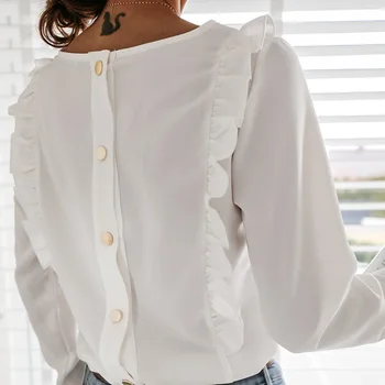 Primavara Toamna O de Gât Zburli Tricouri Bluza Eleganta Office Lady Înapoi Butoane Metalice Bluze Casual pentru Femei Maneca Lunga Blusa Topuri 3XL