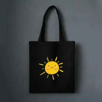 Drăguț Soare Imprimare La Modă Negru Saci Pungi Albe Închidere Cu Fermoar Shopping Canvas Tote Pungi De Cumpărături Eco Reutilizabile Geantă De Umăr