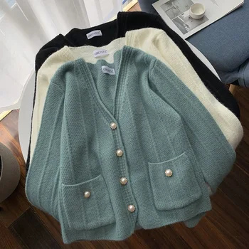 2020 toamna noua moda temperament V-gât cald single-breasted cu dungi tricotate cardigan pearl button patru culori pulover femei