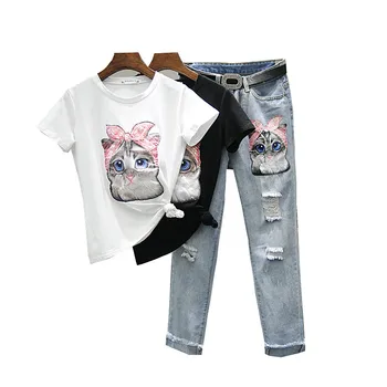 Vara Femeile Pisica desen Animat de Imprimare T-shirt + Talie Mare Gaura Denim Set de Pantaloni Largi, din Bumbac Tee Blugi Femme Două Piese Utilaje