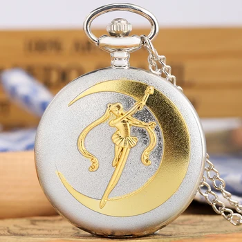 Argint Aur Sailor Moon Cuarț Ceas de Buzunar pentru Femei de Moda Roman Numere Fob Ceasuri Pandantiv Colier Lanț Grils Doamnelor Cadou
