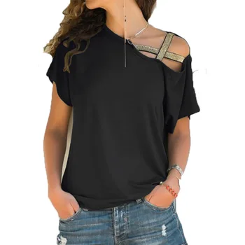 Moda Sexy Doamnelor T-Shirt de Vară Nou T-shirt cu Maneci Scurte pentru Femei Neregulate Oblic Cruce Topuri Largi