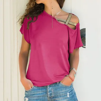 Moda Sexy Doamnelor T-Shirt de Vară Nou T-shirt cu Maneci Scurte pentru Femei Neregulate Oblic Cruce Topuri Largi