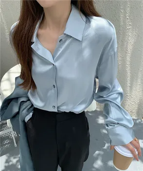 ZHSILAO Vintage Bluza din Satin Femei Plus Dimensiune Elegant Solidă Maneca Lunga Tricouri Mujer Liber Bluza de Toamna Primavara 2020 Topuri