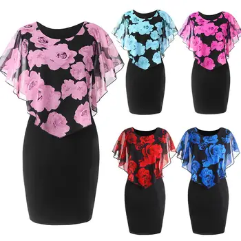 2020 Plus Dimensiune Birou Elegant Lady Rose Floare de Imprimare Cape Bodycon Genunchi Lungime Rochie de Îmbrăcăminte pentru Femei платье женское vestidos