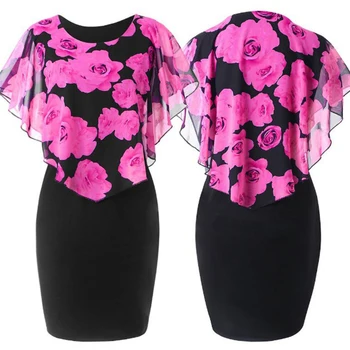 2020 Plus Dimensiune Birou Elegant Lady Rose Floare de Imprimare Cape Bodycon Genunchi Lungime Rochie de Îmbrăcăminte pentru Femei платье женское vestidos