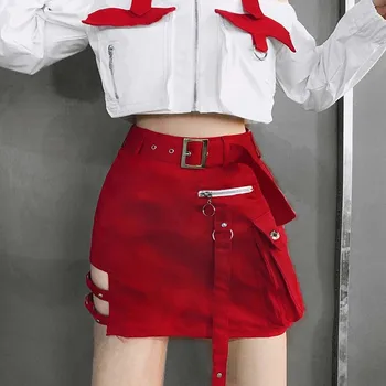 Roșu De Vară Fuste Mini Femeile 2019 Noi Harajuku Trendy Streetwear Gotic Gol Fermoar Fata Punk Talie Mare Negru Bodycon Fusta