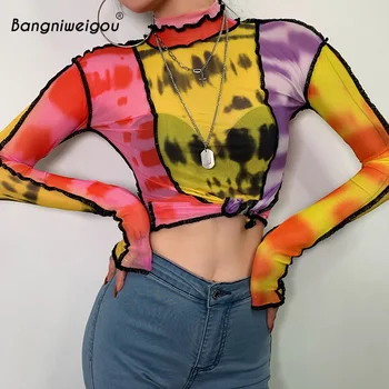 Bangniweigou Plasă Paisley Boho Tricou Tie-dye Colorate Bodycon Lungă Maneca Cămașă de Înaltă Gât Casual Subțire Teuri Mujer Toamna 2019