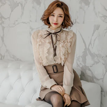 H Han Regina Nouă Primăvară Femei Sexy OL Uzura de Muncă 2 Bucati Set Volane Dantela-up Bluze Crop Top si Volane Fusta coreean Seturi Casual