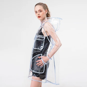 Moda plastic transparent clar doamnelor impermeabil pentru femei haina de ploaie cu gluga, cu un buzunar pentru exterior ploaie purta