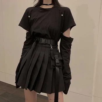 Gotic negru stabilit O linie de Femei Sexy Mini-Fusta cu Talie Inalta Streetwear Femeile Stilul Punk Buzunar Lateral de Design de Moda Fusta Plisata