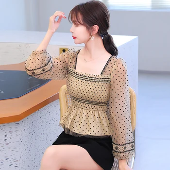 Femei Bluza Stil Coreean Plasă De Felinar Sleeve Polka Dot Shirt Pătrat De Birou Cu Guler Bluza Eleganta Doamnelor Elastic Bust Dimensiune Topuri