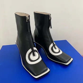 Designer de piele toamna iarna cizme pantofi pentru femeie cizme glezna tocuri inalte sexy deget de la picior pătrat alb negru cizme scurte femei