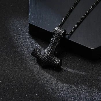 Mjolnir, Ciocanul lui Thor Nordici Simbol Păgân Colier Pandantiv din Oțel Inoxidabil Dublu față-Verso Dragon Design Viking Bijuterii