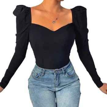 Primavara-Vara Femei Pătrat Camasi Guler Culoare Solidă mâneci Slim Bluze Topuri Sexy V-Neck doamnelor Lungi Casual Outwears
