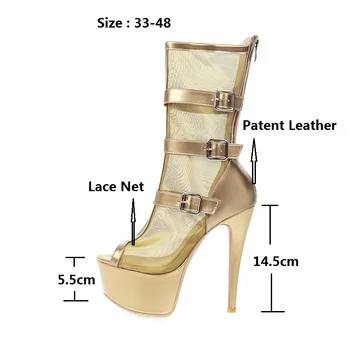 Ochanmeb Dimensiune 33-48 Net Cizme de Primavara-Vara pentru Femei Platforma Stilet Tocuri Peep Toe Boots Femei Vedea Prin Aur, Argint Pantofi Sex