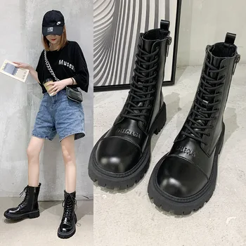 2020 Moda Pantofi Femei Din Piele Dantela-Up Gros De La Jumătatea Vițel Cizme Rotund Toe Pantofi De Iarnă De Sex Feminin Cataramă Moda Cizme Cald