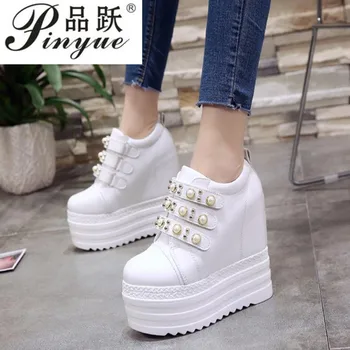 Toamna Femeie Glezna Cizme cu Tocuri inalte Pantofi Platforma Înălțimea a Crescut cu 13,5 CM Respirabil Mare de Top Adidași Alb Pantofi Casual