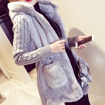 Femei iarna cu gluga vrac loose knit cusut haină de lână cald palton femei casual sacou haina s-4xl