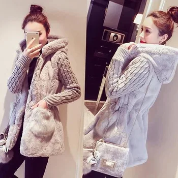 Femei iarna cu gluga vrac loose knit cusut haină de lână cald palton femei casual sacou haina s-4xl