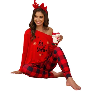 Femei Crăciun Costume Lungi Gât Rotund Litere Tipărite Top Carouri Talie Elastic Glezna-Lungime Pantaloni Femei Seturi de Pijama 3 Culori