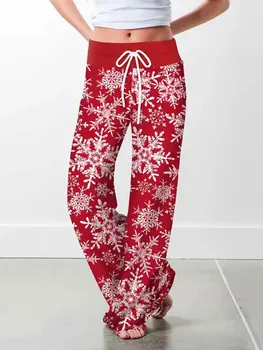 2020 Toamna Fulg De Nea De Imprimare De Crăciun Pantaloni Femei Talie Elastic Culoare Roșie Largi Picior Pantaloni