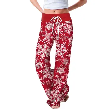 2020 Toamna Fulg De Nea De Imprimare De Crăciun Pantaloni Femei Talie Elastic Culoare Roșie Largi Picior Pantaloni