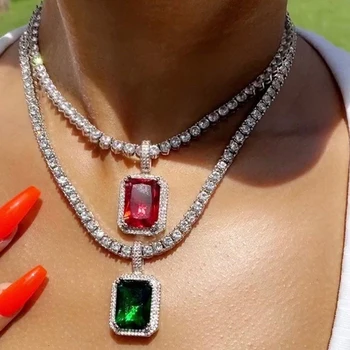 Stonefans Mare Pătrat Verde de Cristal Pandantiv Colier pentru Femei Barbati Hip Hop Stras Tenis Colier Bling Declarație de Bijuterii