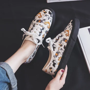 Pantofi De Panza Pentru Femei Drăguț Kitty Fete Formatori 2019 Primăvară Nouă Toc Plat Stil Preppy Doamna Adidași Vulcanizat Pantofi Casual 35-40