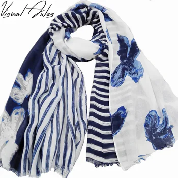 Mare Florale și Albastru cu Dungi Eșarfă de Moda pentru Femei Toamna Iarna Personalizate Designeri de Print Moale Diagonal Vascoza Șaluri, Eșarfe